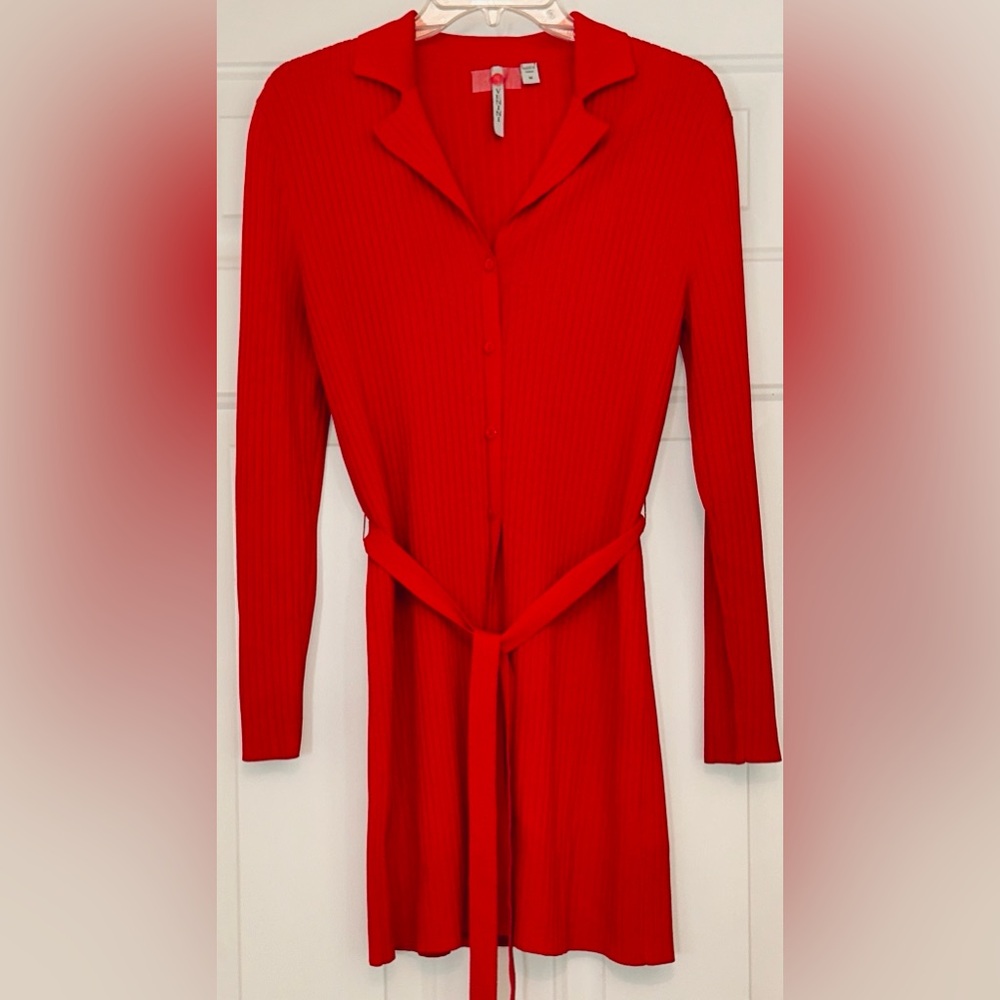 Venini Button Ribbed Cardigan Sweater M Dress Red Duster Belted Stretch Career